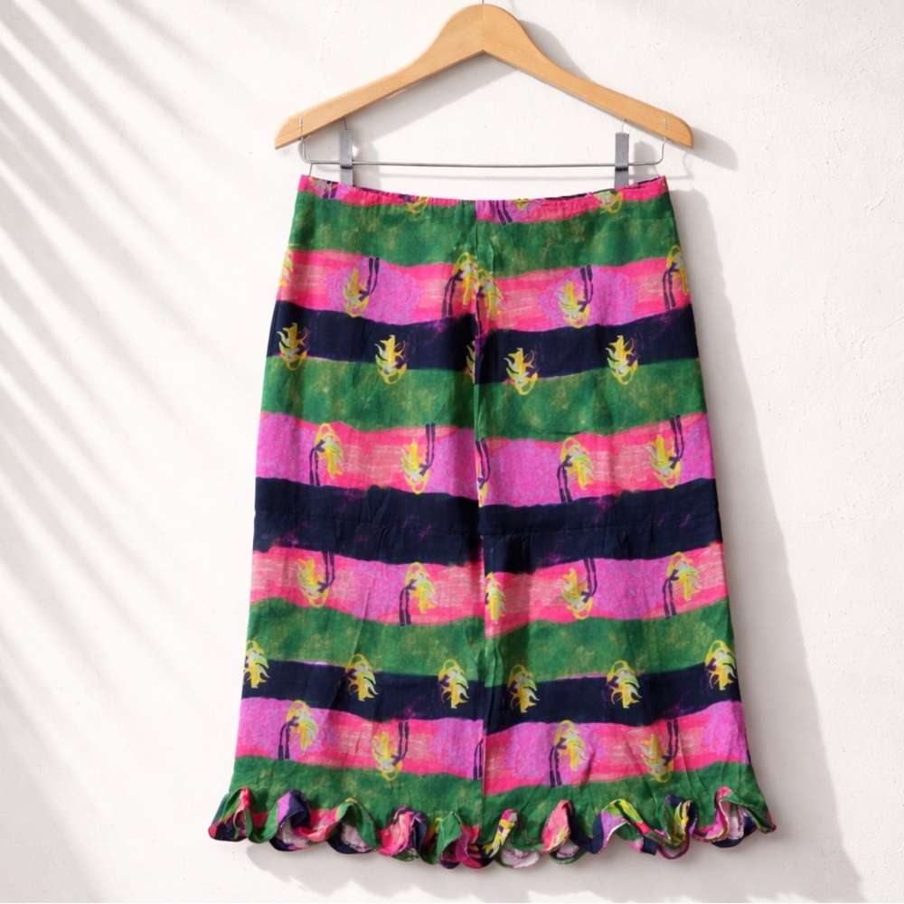 Risqué Skirt Boho Pink Green 100% Silk 90s Go Out Shoreline Midi Festival Sz SlM
